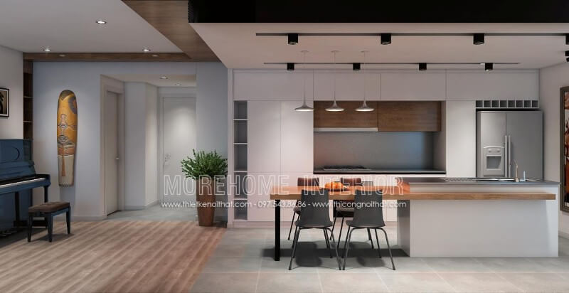 Bố trí tủ bếp đầy hợp lí, phần bếp nóng tủ bếp hiện đại và khu vực sơ chế thực phẩm được đặt song song với nhau, tạo cho người nấu dễ dàng di chuyển hơn Thiết kế phòng bếp, tủ bếp đẹp