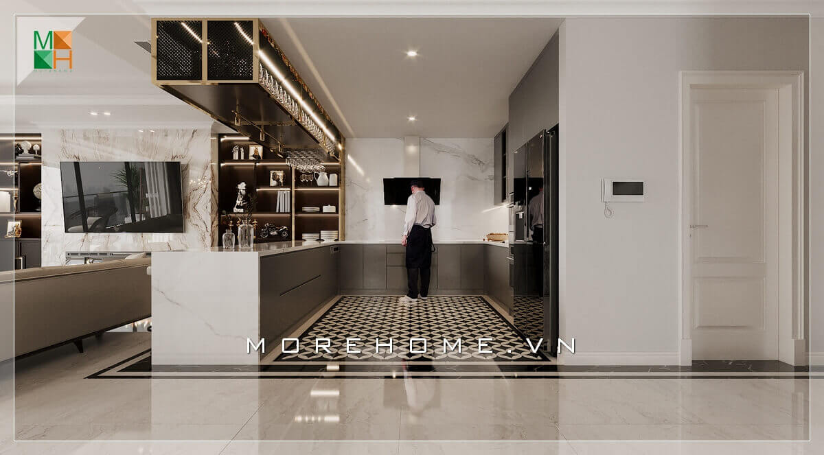 Ấn tượng mẫu gạch lát sàn bếp họa tiết độc đáo làm điểm nhấn nổi bật cho không gian bếp thêm đẹp và sang trọng.