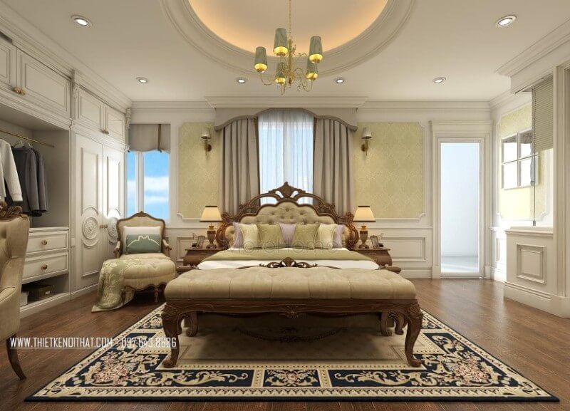 Mẫu giường ngủ tân cổ điển cao cấp với đường nét chạm khắc tinh tế