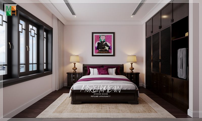 Giường ngủ gỗ óc chó là điểm nhấn chính giúp không gian trở nên sang trọng tiện nghi và lịch sự hơn.