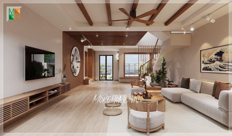 Phòng khách với thiết kế hiện đại hơi hướng truyền thống của nhật nội thất thiết kế sắp xếp phù hợp với diện tích và mục đích sử dụng của gia chủ mang tới sự tiện nghi nhất trong quá trình sử dụng.