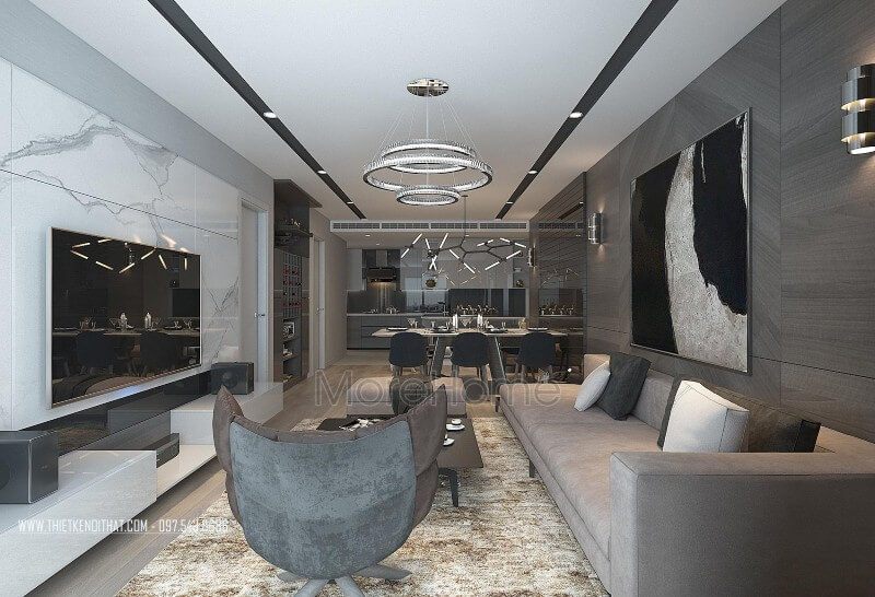 Phòng khách chung cư hiện đại được thiết kế theo gam màu nâu trầm trung tính, mang đến cảm giác bình yên nhẹ nhàng thư giãn đến lạ cho cả gia đình