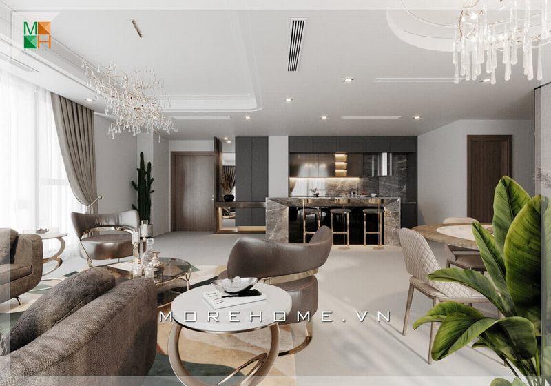 Ấn tượng với mẫu thiết kế nội thất hiện đại và sang trọng mang tính thống nhất giữa các khu vực với nhau, từ phòng khách liền phòng bếp tạo sự liền mạch khoa học phù hợp cho không gian nhà phố, biệt thự, chung cư đẳng cấp và sang trọng.