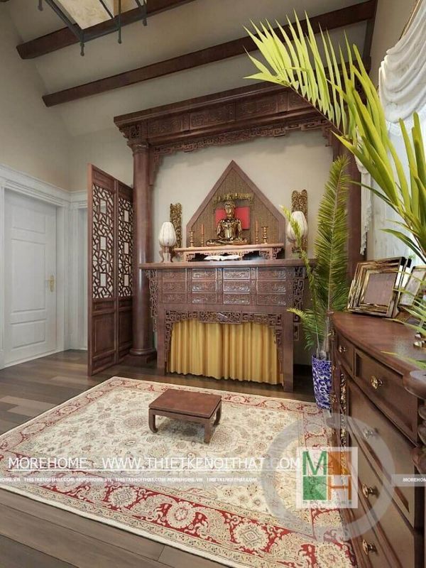 Mẫu bàn thờ gỗ tự nhiên, chạm khắc họa tiết tỉ mỉ, mộc mạc cho không gian yên tĩnh của chốn linh thiêng