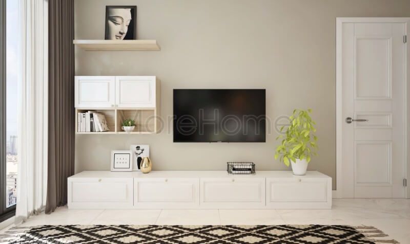 Kệ tủ hiện đại được phun sơn trắng cao cấp, tích hợp của nhiều chức năng như kệ ti vi, kệ trang trí ấn tượng...