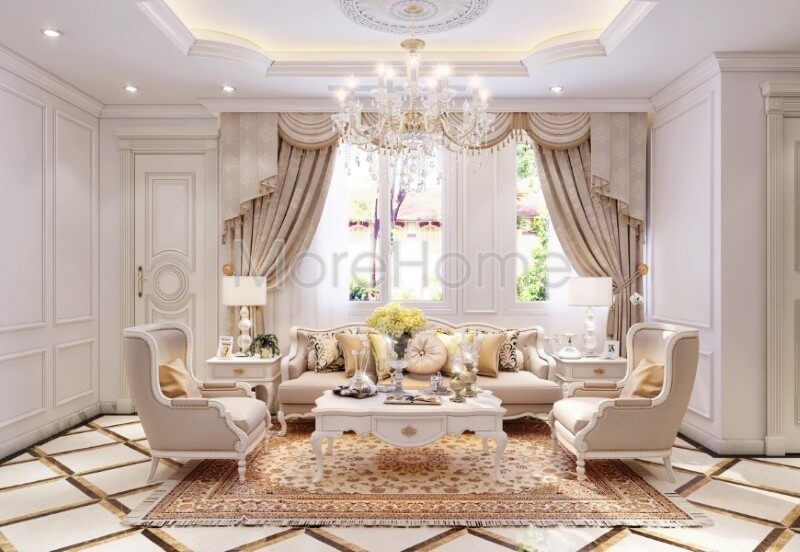 Sofa gỗ tần bì nhập khẩu phun sơn trắng cao cấp tạo nên sự sang trọng cũng như ấn tượng khó có thể rời mắt