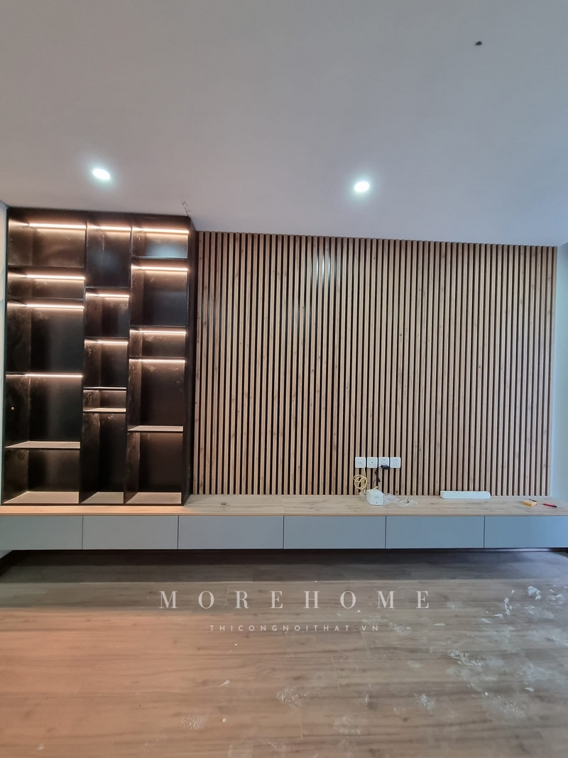 Thi công ốp vách tivi nan gỗ phòng khách sự ấn tượng. sang trọng cho không gian