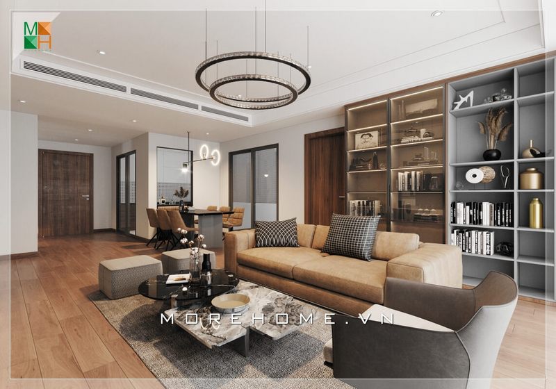 Mẫu thiết kế phòng khách với nội thất gỗ công nghiệp kết hợp 2 tông màu cafe - xám mang đến sự sang trọng hiện đại cho không gian căn phòng