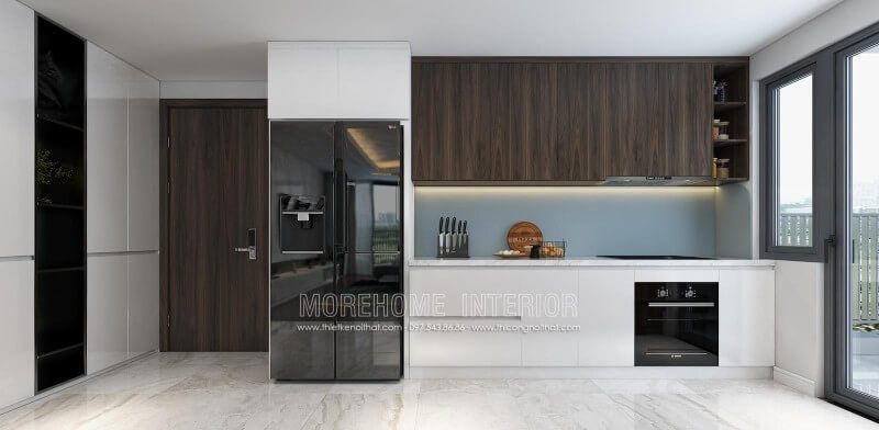 Kết hợp hoàn mỹ giữa 2 tone màu nêu trầm của gỗ Veneer óc chó và màu trắng của gỗ Acrylic đã tạo nên không gian tinh tế và mới lạ cho không gian nội trợ của gia chủ.